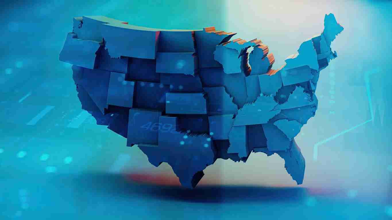 Map of USA with states on blue digital background. 539areacode.com